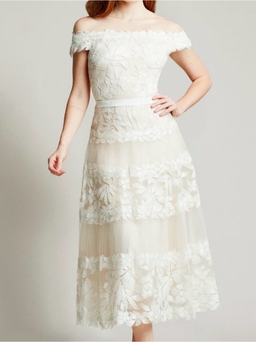 Tadashi Shoji Ivory Off-Shoulder Floral Lace Midi Dress